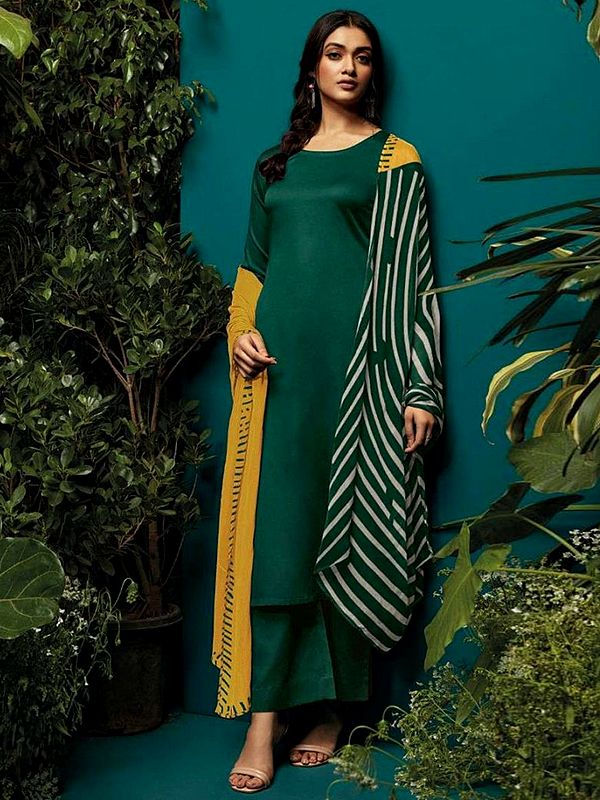 Art-Silk Palazzo Salwar Kameez Suit With Round-Neck and Stripe Printed Dupatta