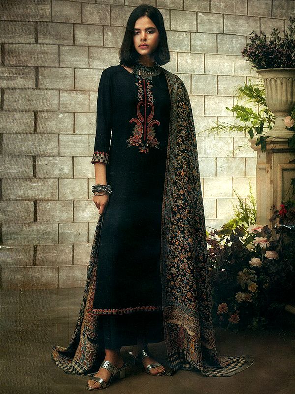 Black-Beauty Embroidered Herringbone Weave Cotton Palazzo Salwar Kameez Suit With Phool Bail Dupatta