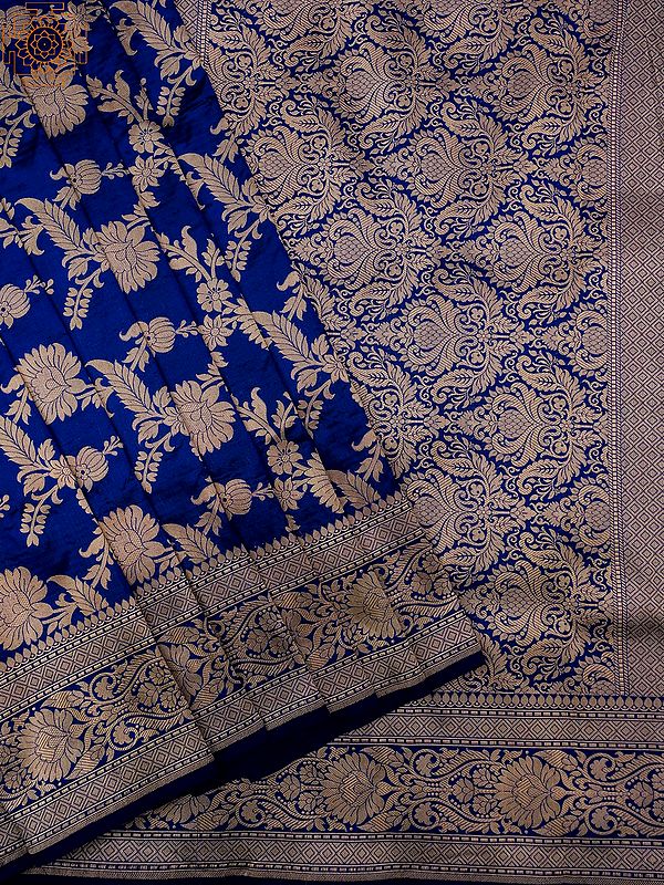 Navy-Blue Pure Katan Floral Zari Jaal Pattern Patola Banarasi Saree with Mughal Butta Motif Pallu