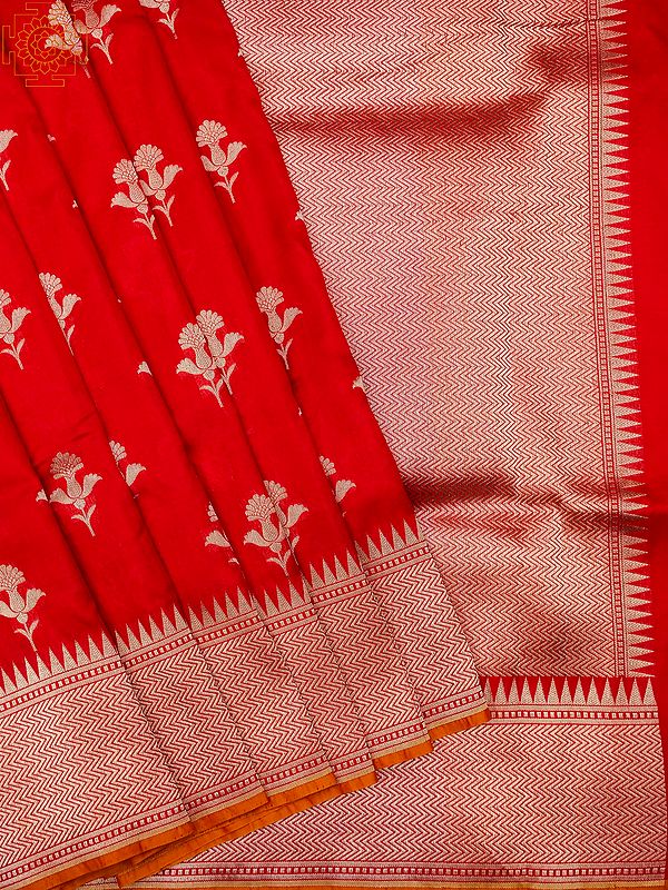 Poppy-Red Pure Katan Patola Banarasi Saree With All-Over Butta Motif And Chevron Pattern Border