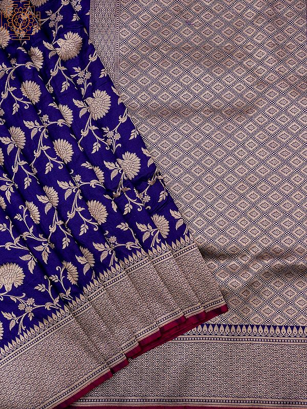 Sodalite-Blue Pure Katan Phool Bail Pattern Patola Banarasi Saree and Chowkadi Motif Pallu