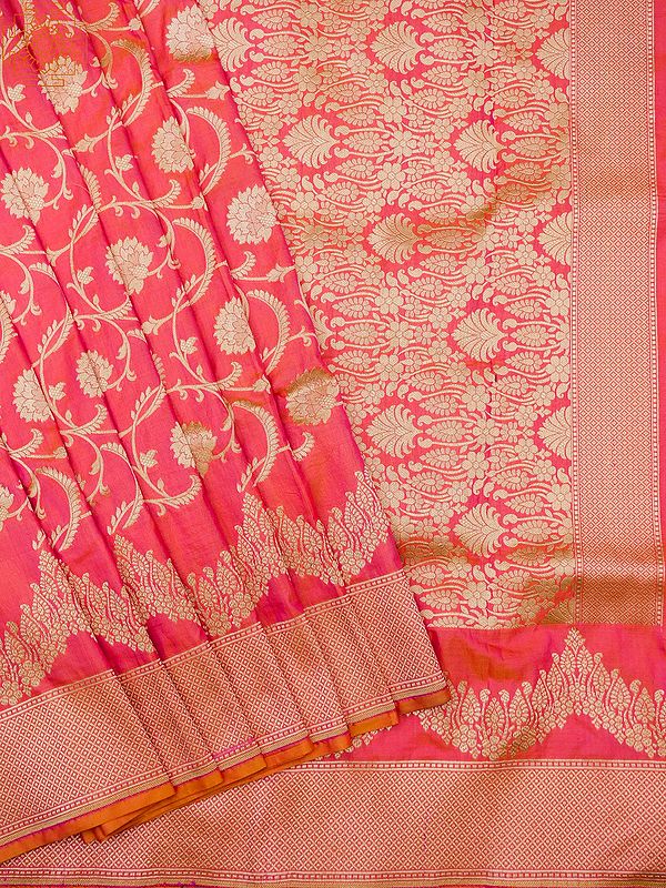 Calypao-Coral Patola Banarasi Pure Katan Saree with Floral Vine Woven Pattern