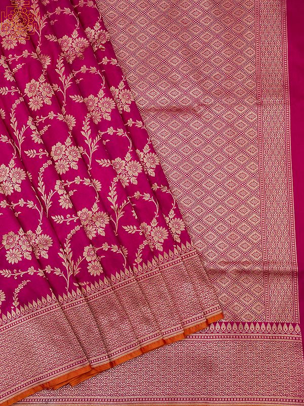 Beetroot-Purple Patola Banarasi Katan Saree With Floral-Leaf Jaal Motif ...