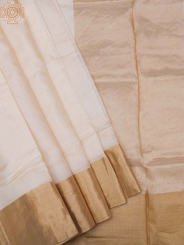 Coconut-Milk Plain Pure Tassar Silk Banarasi Saree with Zari-Woven Border and Pallu