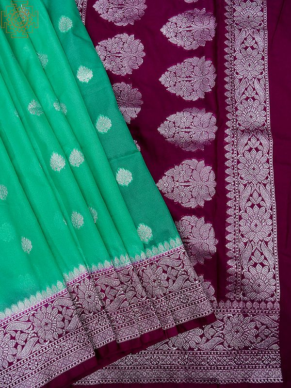 Turquoise Organza Kadwa Silk Banarasi Saree With Zari Butta All-Over ...