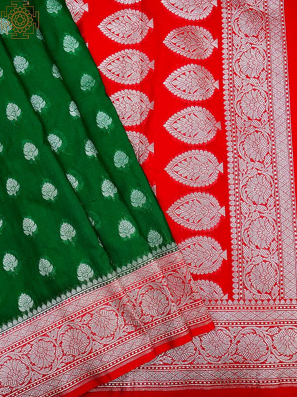 Jolly-Green Khaddi Georgette Foulard Pattern Banarasi Saree With Mughal Motif Pallu