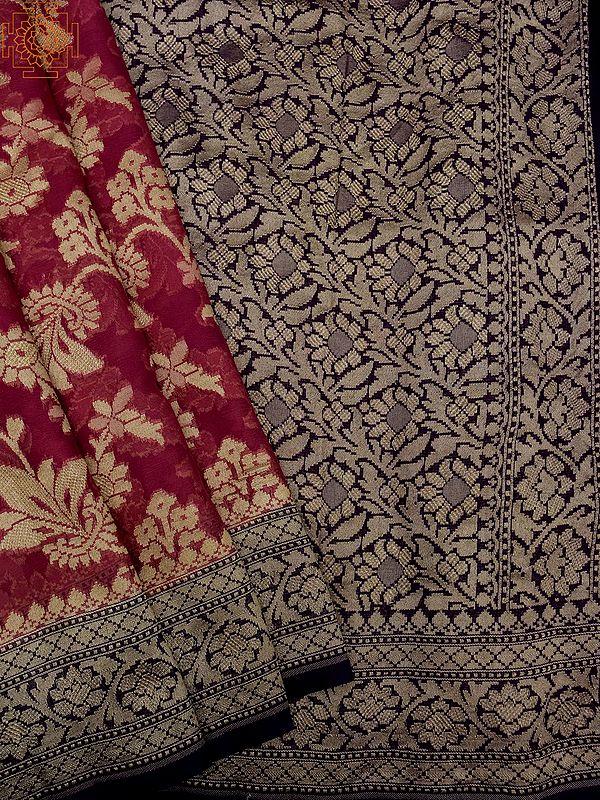 Party-Punch Khaddi Jorjet Banarasi Bel Butta Pattern Saree With Contrast Broad Border