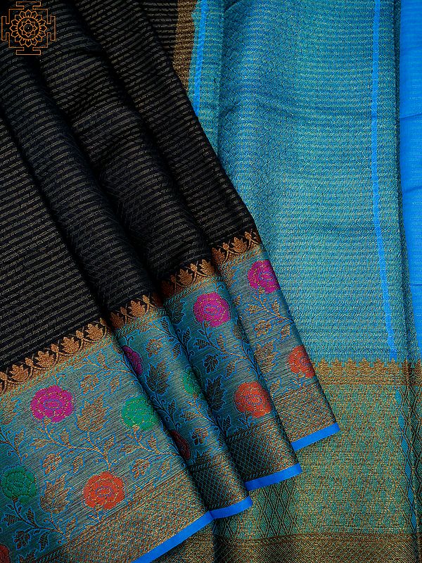 Moonless-Night Maslin Cotton Banarasi Saree With Stripe Pattern On Body And Meena Bail Pattern Border