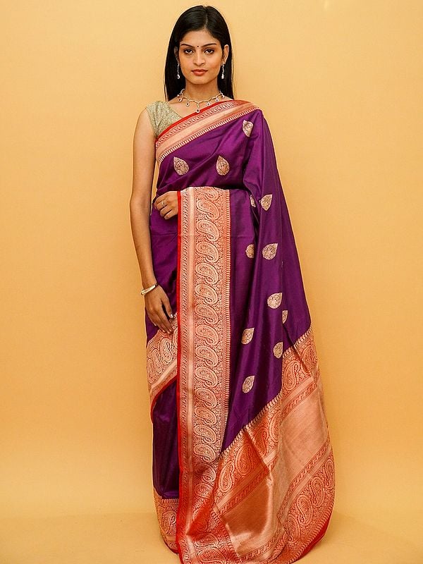 Purple-Wine Pure Silk Woven Kadua Buti Banarasi Saree And Paisley Motif On Body-Pallu