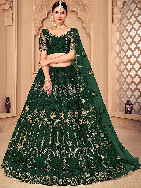 Dark-Green Net Lehenga Choli with Laddi-Mughal Motif Embellished Thread-Pearl Work and Scalloped Dupatta