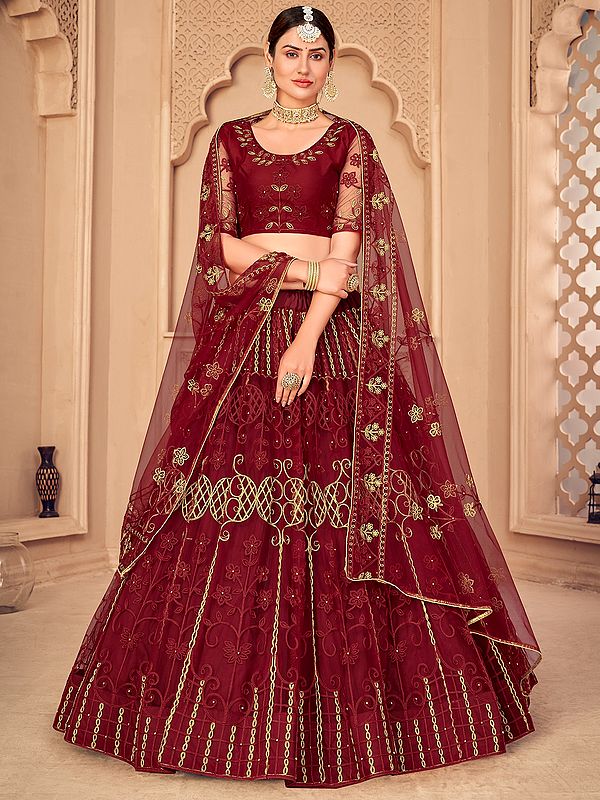 Jester-Red Net A-Line Lehenga Choli with Laddi-Floral Thread-Pearl Embroidery and Butta Pattern Dupatta