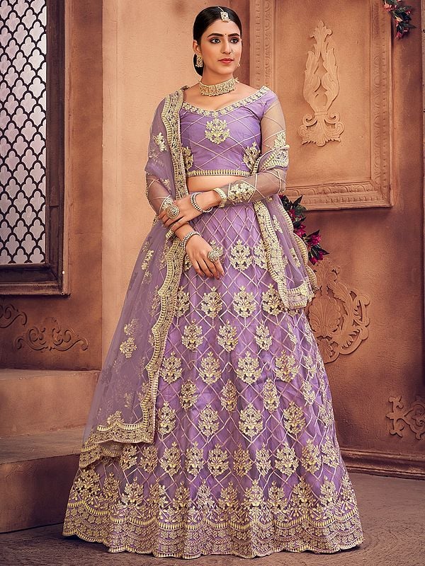 Purple-Rose Net Scalloped Pattern Mughal Motif Lehenga Choli with Thread-Pearl Embroidery and Designer Dupatta