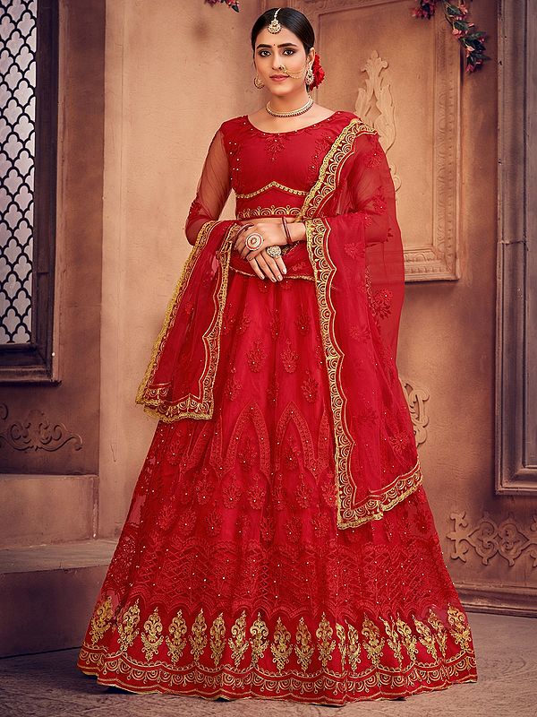 Poppy-Red Net Designer Lehenga Choli with Floral Butta Thread-Pearl Embroidery and Dupatta