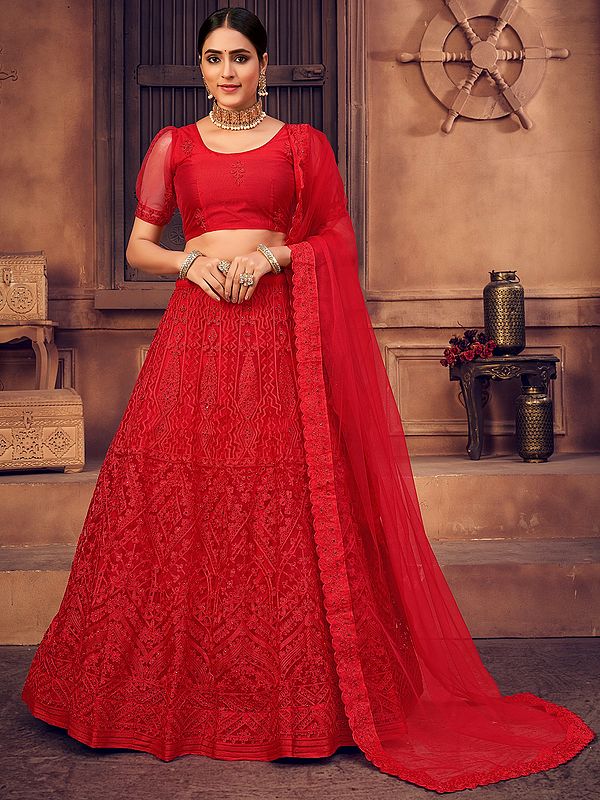 Tomato-Red Net Designer Lehenga Choli with All-Over Thread-Pearl Embroidery and Scalloped Dupatta