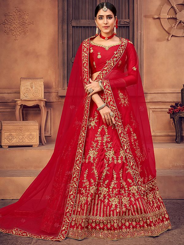 True-Red Net Lehenga Choli with Beautiful Embellished Thread-Pearl Work and Scalloped Dupatta