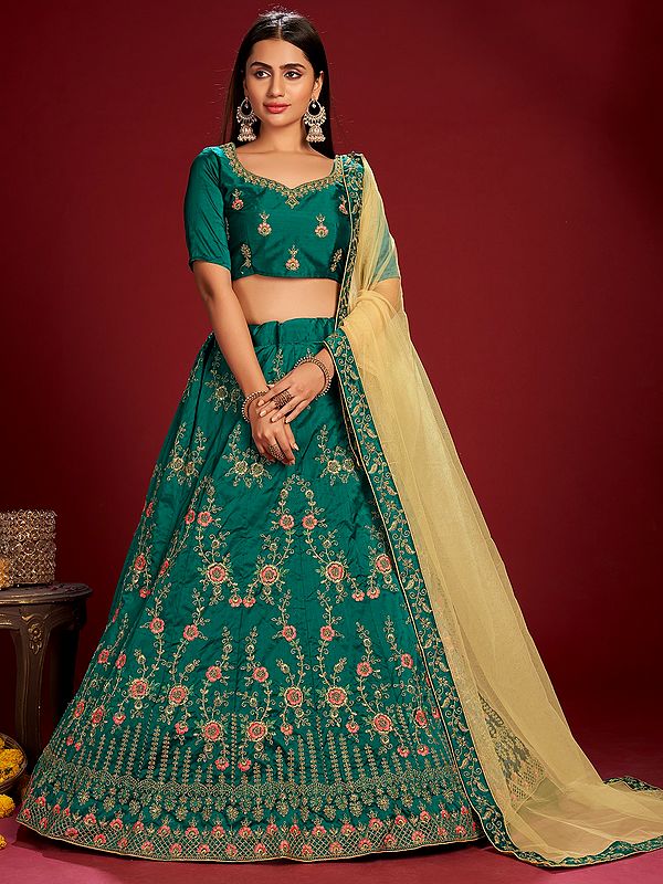 Green Taffeta Silk Meena Floral Butta Lehenga Choli with Embellished Thread-Pearl Work and Dupatta