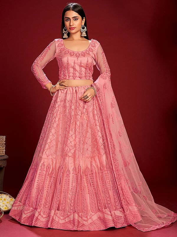 Pink-Dolphin Kali-Diamond Pattern Net Lehenga Choli With Thread-Stone Work On All-Over And Floral Butta Dupatta
