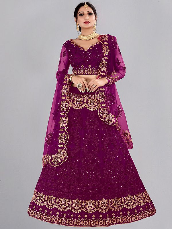 Net A-Line Designer Lehenga Choli with Floral Pattern Thread Embroidery and Scalloped Dupatta