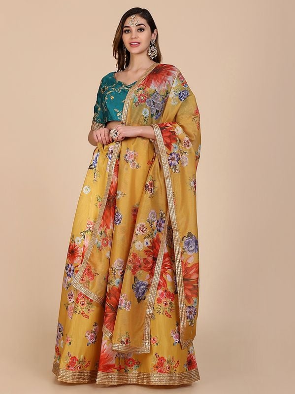 Banglory Silk Floral Dahlia Print Lehenga with Green Choli and Chanderi Dupatta