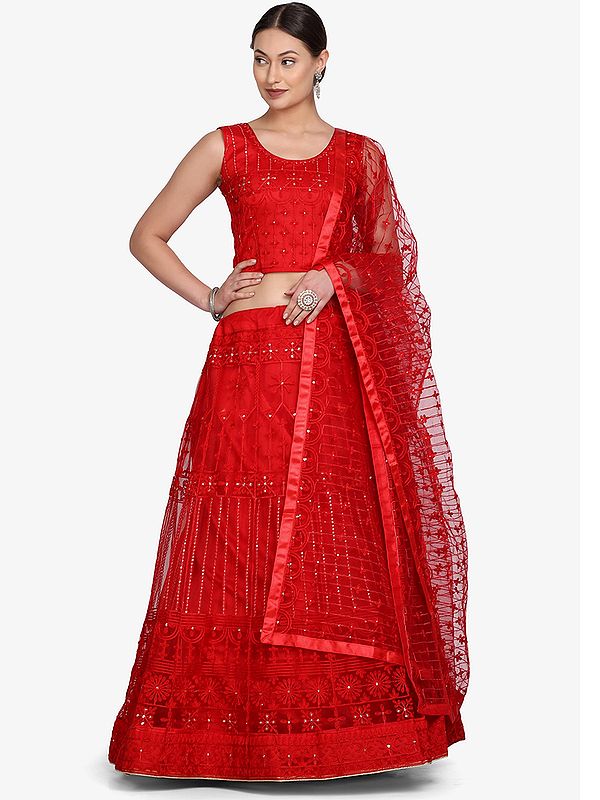 Red Net Lehenga Choli With Laddi-Phool Motif Thread Embroidery And Net Dupatta