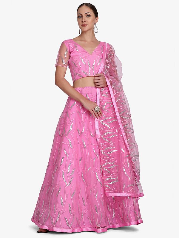 Pink Net Leaf Vine Pattern Lehenga Choli with Sequins-Thread Work and Dupatta