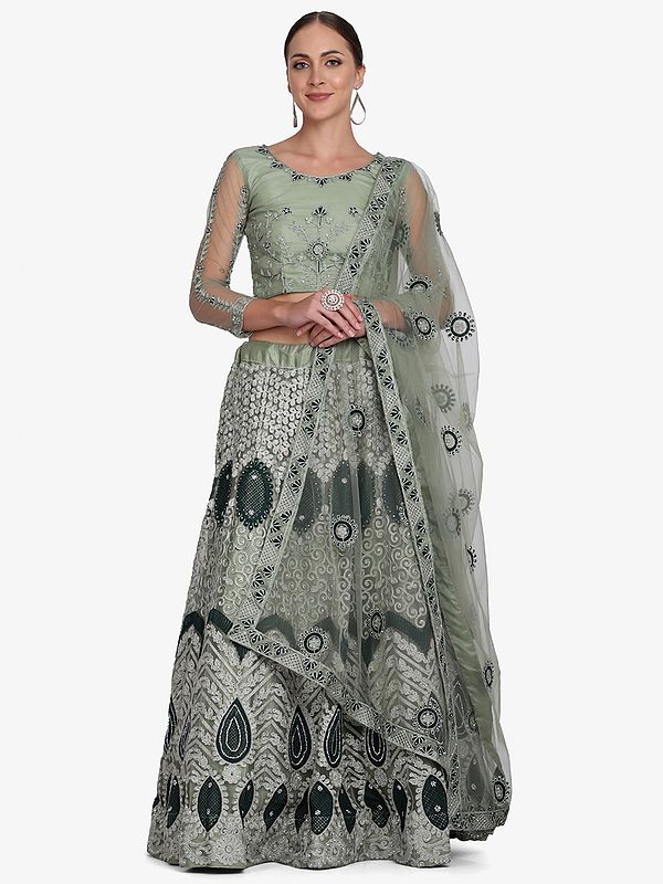 Grayed-Jade Net Embellished Lehenga Choli with Scroll-Vine-Chevron Pattern Thread Embroidery and Dupatta