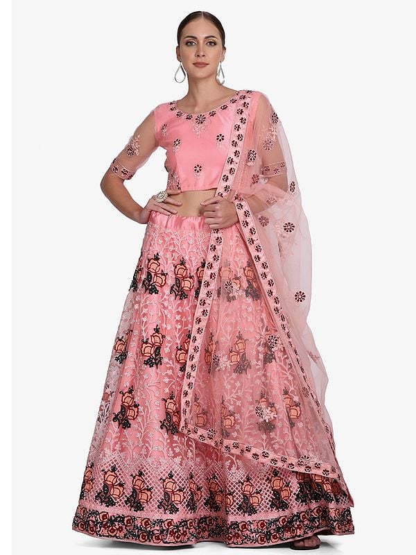 Pink Net Lehenga Choli with Vine-Phool Butti Motif Thread Embroidery and Dupatta