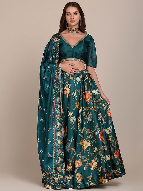 Colonial-Blue Taffeta Silk Multicolor Digital Flower Print Lehenga Choli Georgette Dupatta