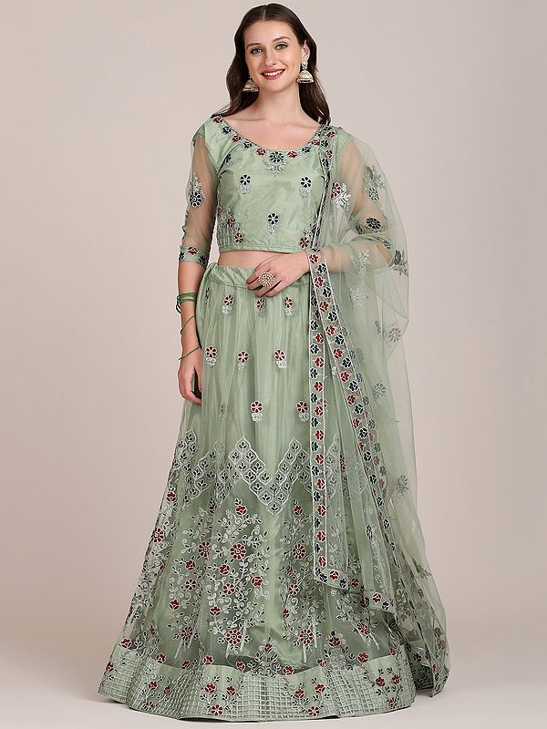 Pista-Green Net Floral Meena Motif Lehenga Choli with Thread Embroidery and Matching Dupatta