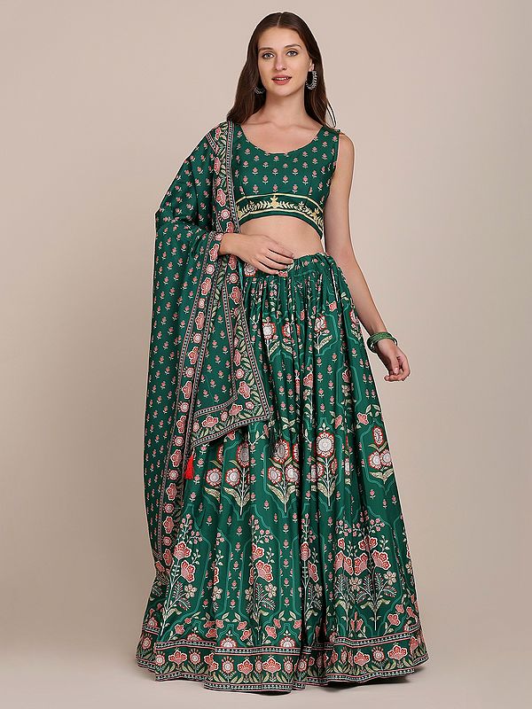 Green Crepe Digital Mughal Printed Lehenga Choli With Pholl Butta Dupatta