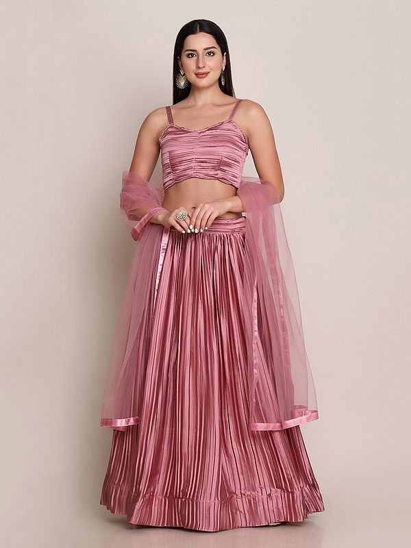 Bridal-Rose Satin Silk Platted Style Lehenga Choli with Matching Net Dupatta