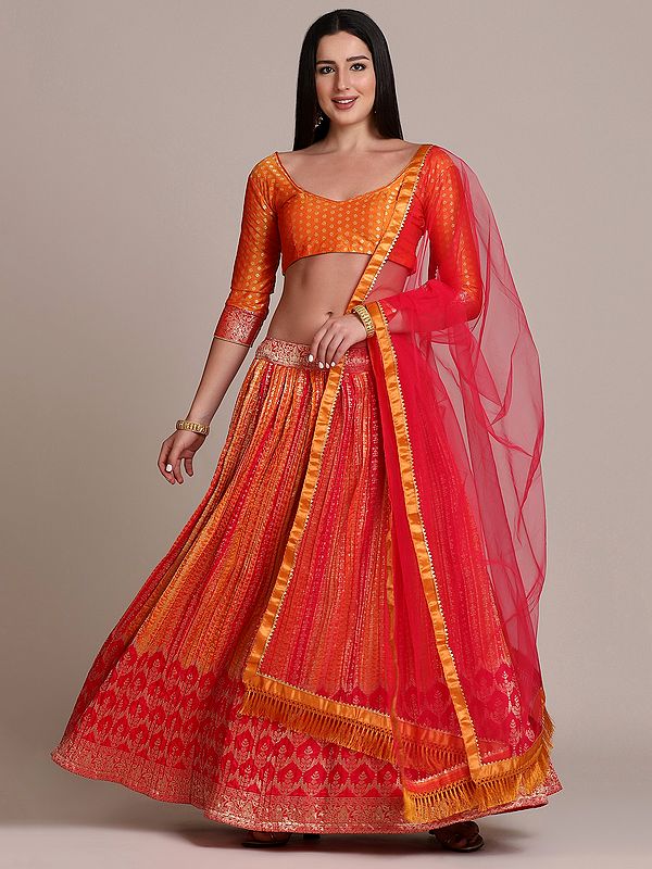 Red-Orange Shartin Silk Platted Laddi Motif Lehenga with Jacquard Bundi Butta Choli with Net Fringe Dupatta