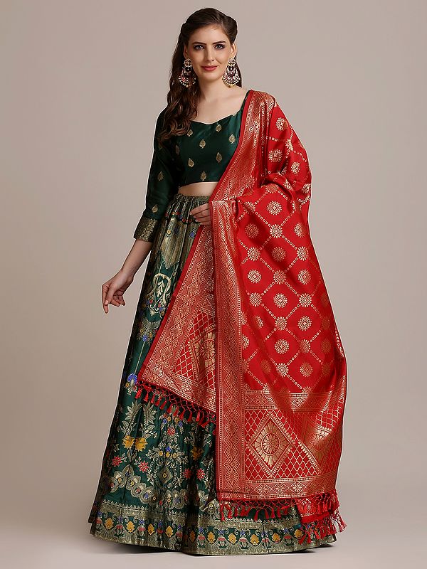 Green Meena Mughal Pattern Jacquard Silk Lehenga Choli with All-Over Zari Woven and Red Dupatta