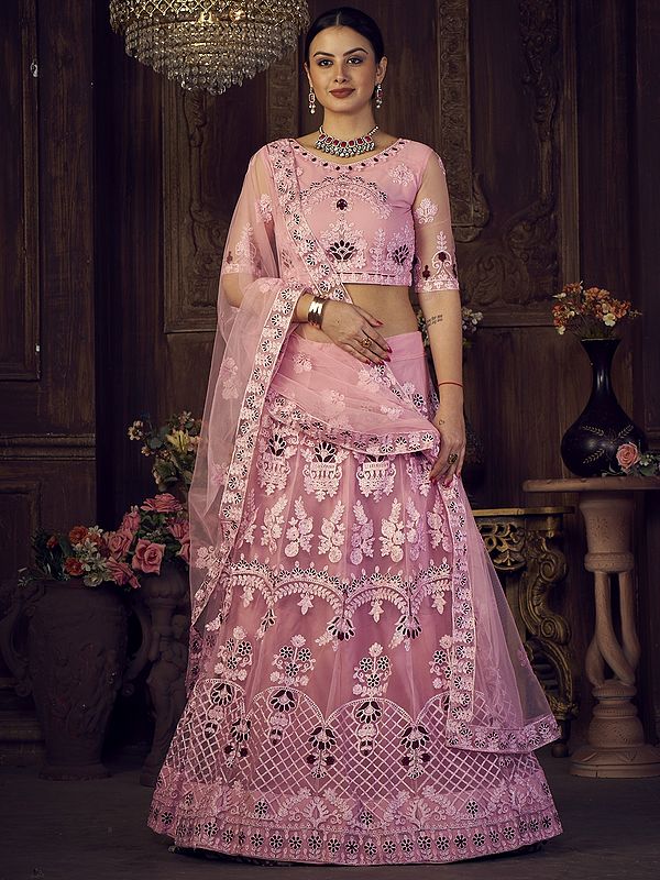 Light-Pink Net A-Line Floral Butta Motif Lehenga Choli with Thread Embroidery and Dupatta