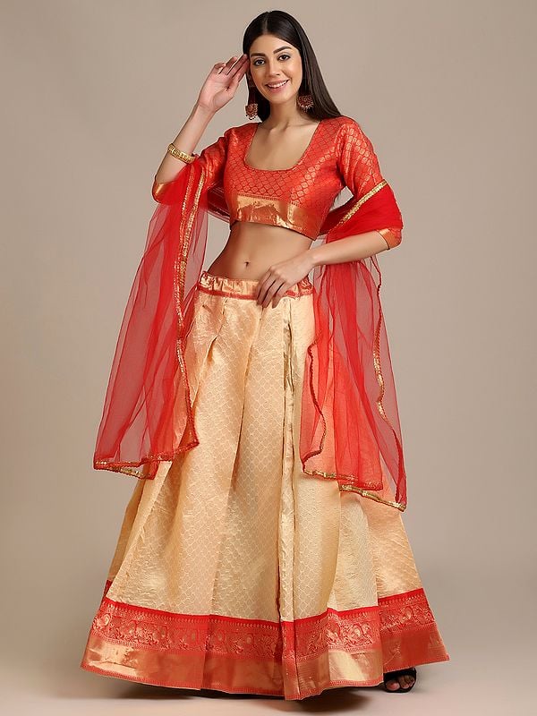 Cream-Red Diamond Pattern Jacquard Silk Lehenga Choli with All-Over Zari-Woven and Net Dupatta