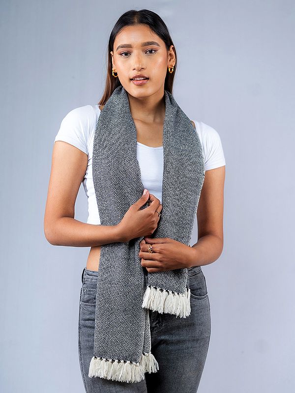 Ultimate-Grey Pure Pashmina Two Ply Basket Weave Scarf from Nepal with Fringe
