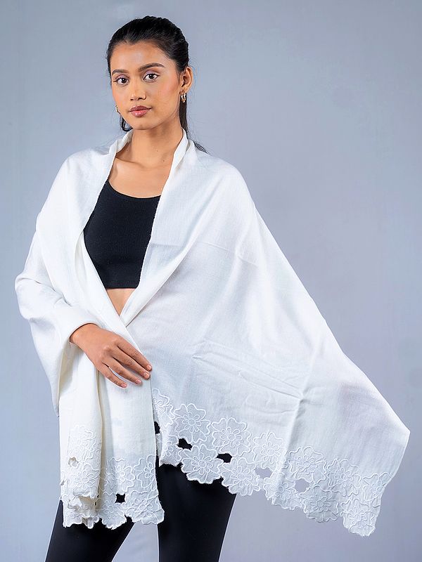 Brilliant-White Pashmina Silk Stole with Floral Butta Thread Embroidered on Border from Nepal