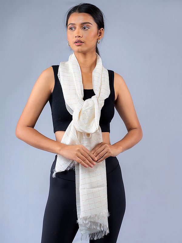 Bright-White Pashmina Silk Stole with Lurex Graph Check Pattern from Nepal