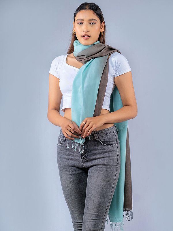 Aqua Blue-Gray Ombre Pashmina Silk Stole with Fringe from Nepal