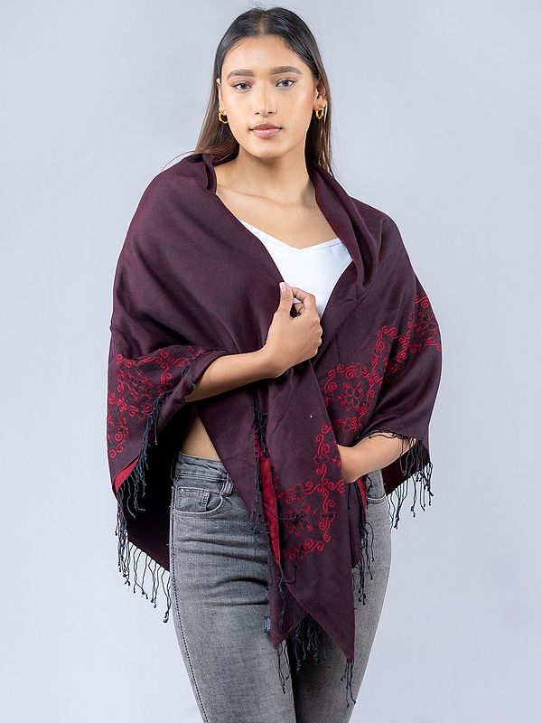 New-Maroon Extra-Wide Pashmina Silk Reversible Shawl from Nepal with Embroidered Floral Pattern on Border