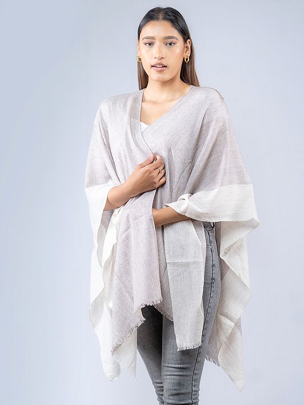 Gray Colored Pure Pashmina Shawl with Parallel White Stripe on Edges from Nepal