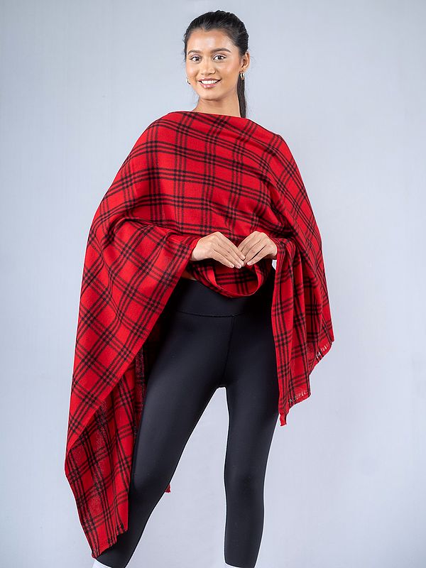 Red Plaid Check Pattern Pure Pashmina Stole from Nepal
