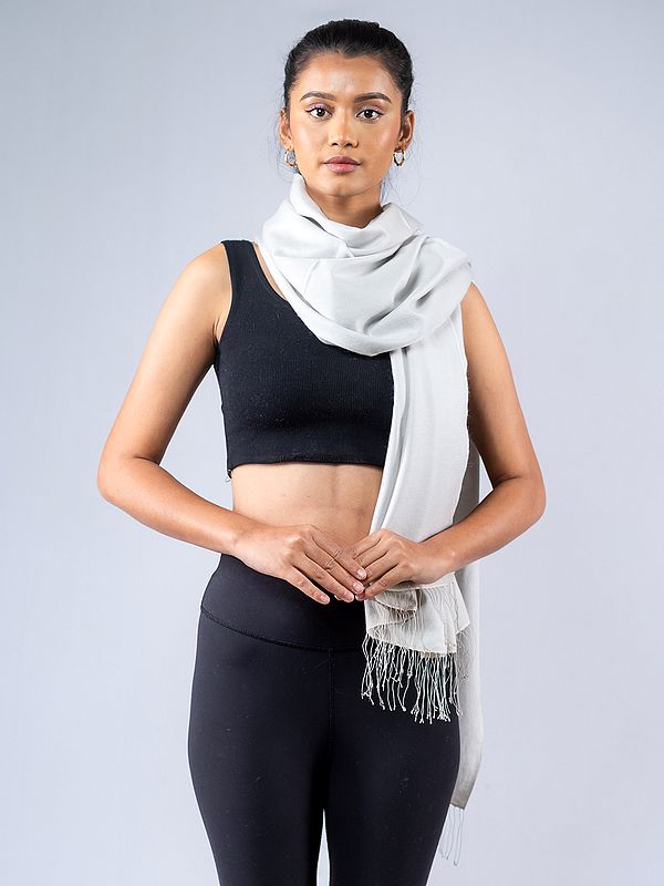 Vaporous-Gray Reversible Pashmina Silk Stole from Nepal with Fringe