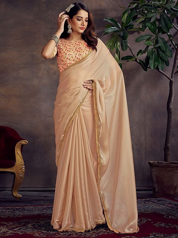 Satin Organza Saree With Spiral Multi-Sequins Embroidery On Blouse With Heavy Coding Border