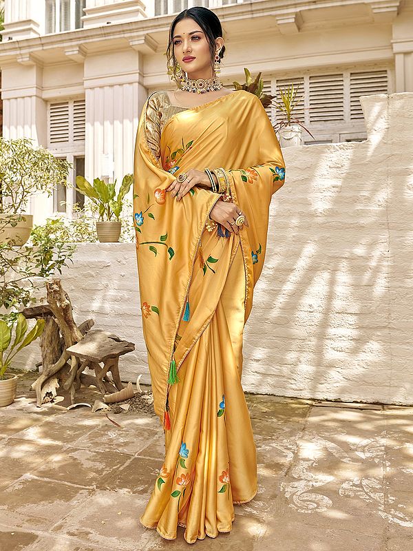 Japan Satin Saree With All-Over Hand-Painted Floral Motif With Blouse And Latkan On Pallu