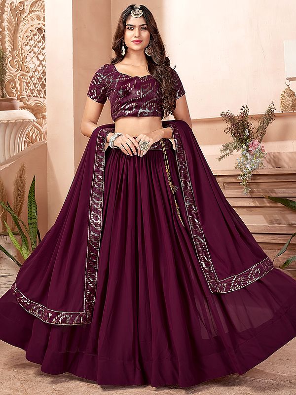 Faux Georgette Pleated Style Lehenga Choli with Sequins Embroidery and Matching Net Dupatta