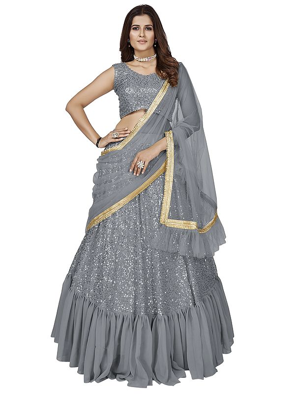 Ruffle Lehenga Choli with Heavy Embellished Sequins Work and Soft Net Designer Dupatta