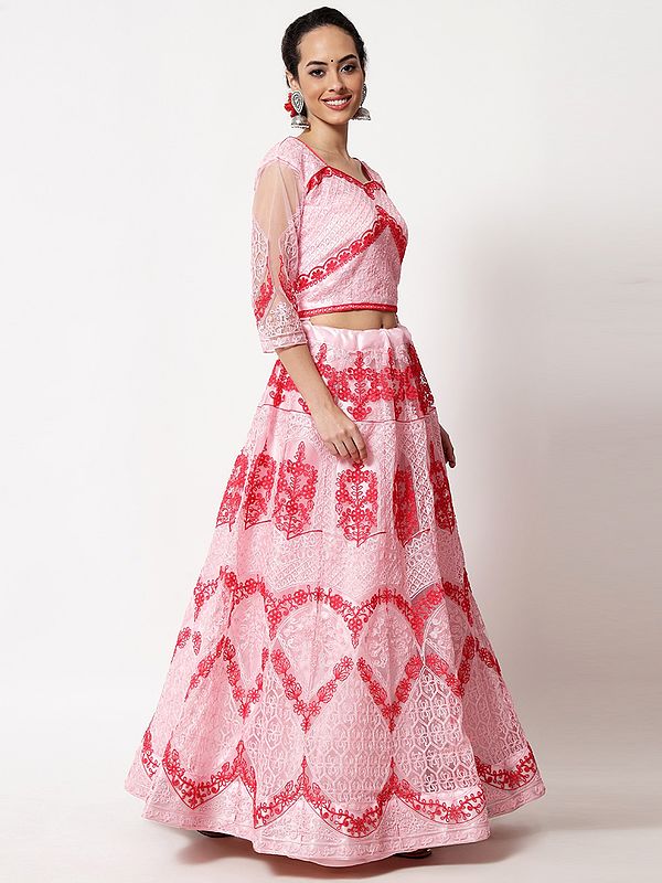 Baby-Pink Net Mughal Motif Lehenga Choli with All-Over Thread ...