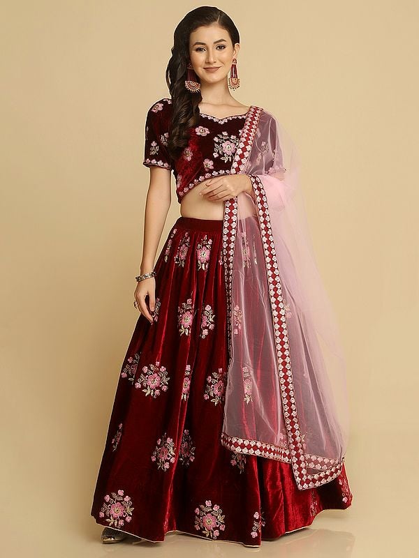 Maroon Thread Embroidered Bold Floral Butta Velvet Lehenga Choli With Pink Net Dupatta