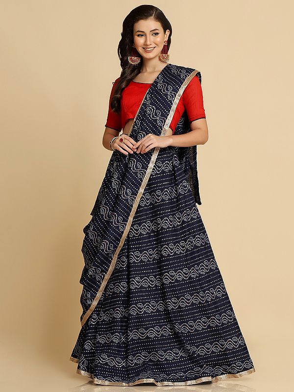Blue Cotton Silk Bandhani Print Lehenga with Banglory Silk Plain Red Choli and Matching Cotton Satin Dupatta
